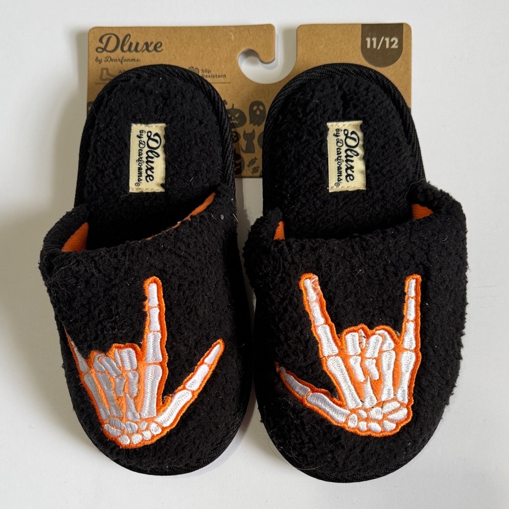 dearfoams Black Kids Slippers with Orange & White Skeleton Hand Embroidery